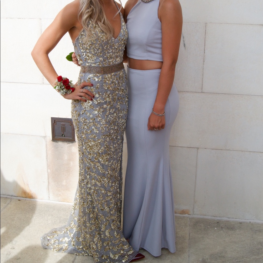 Primavera Couture Platinum Gold Prom Dress
